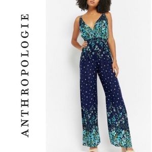 Beautiful lightweight airy palazzo jumpsuit navy teal floral Anthropologie